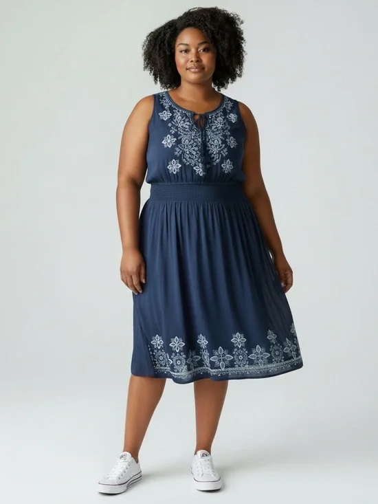 J. Jill Sleeveless Navy Embroidered Midi Dress Women’s XLP - Picture 1 of 9